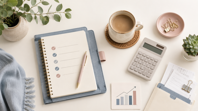 Graphic showing 3 simple bookkeeping habits to reduce stress for self-employed business owners, including separating finances, reviewing transactions regularly, and watching cash flow.